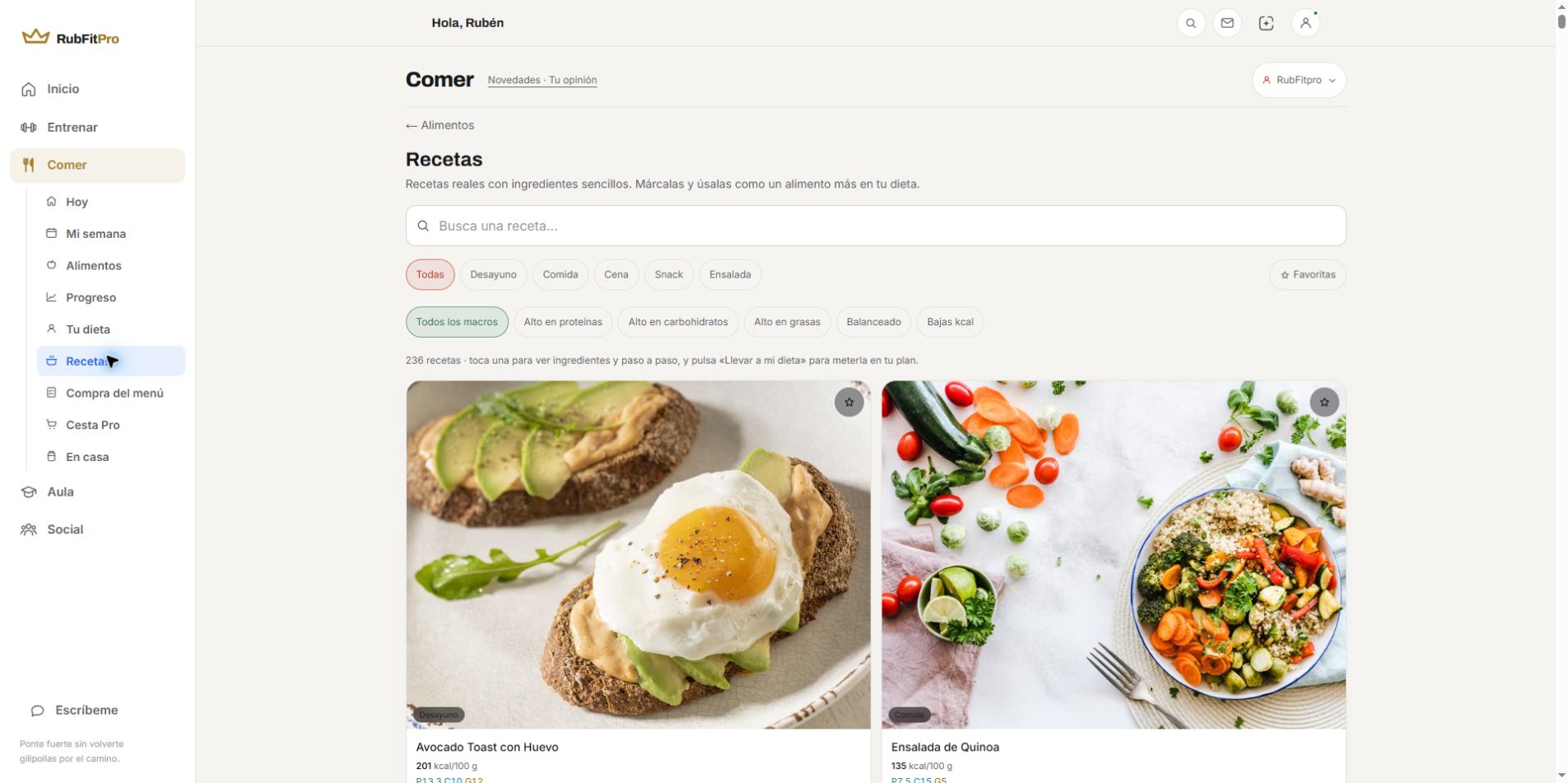 Biblioteca real de recetas de RFP+ con imágenes y filtros
